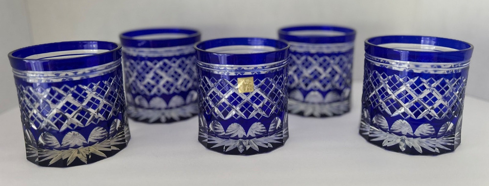 Set 5 Crystal Glass Edo Kiriko Hand-Cut Blue Byron Craft 3.5" Old Fashion Japan